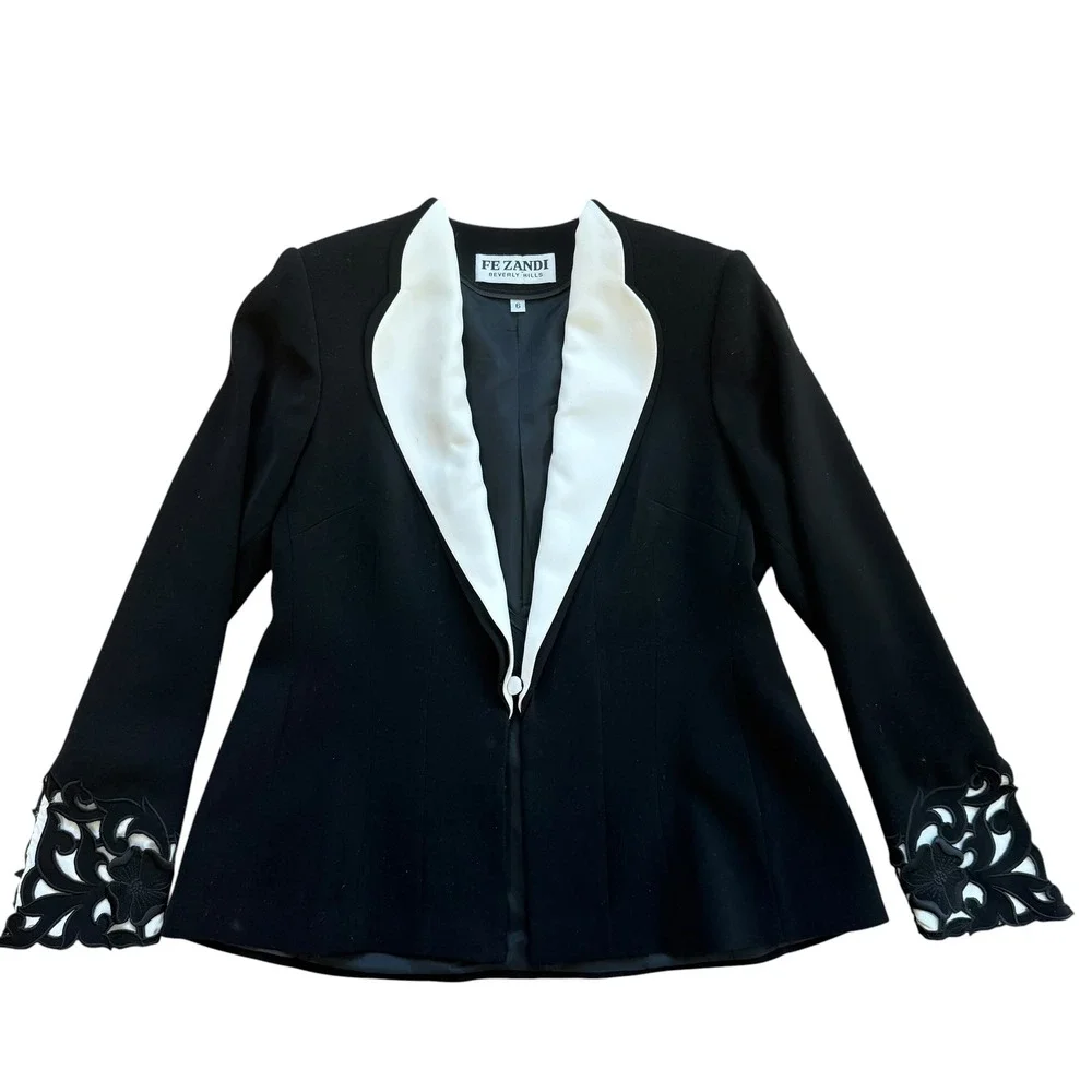 Fe Zandi Beverly Hills 3 Piece Skirt Suit Set Black White Embroidered Size 6